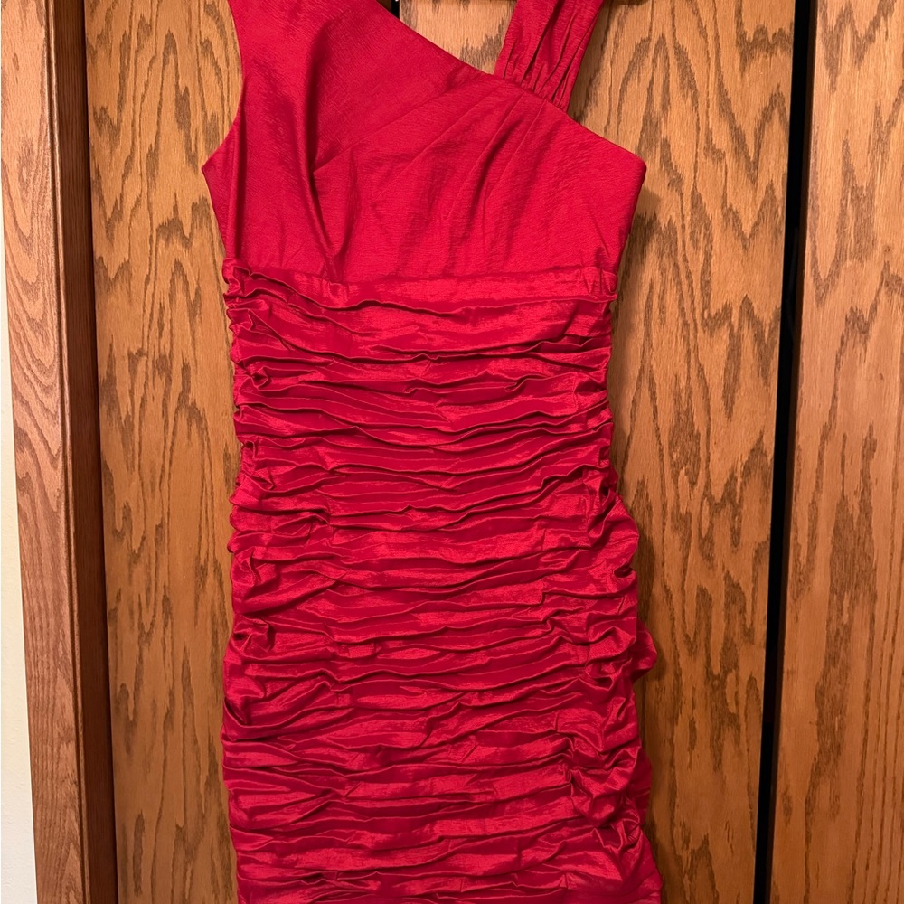 Calvin Klein Asymmetrical Shoulder Red Dress